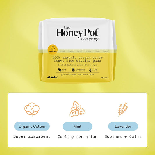 The Honey Pot Company - Herbal Daytime Heavy Flow Pads w/Wings - Organic Pads for Women - Infused w/Essential Oils for Cooling Effect, Cotton Cover, & Ultra-Absorbent Pulp Core -Feminine Care -16ct