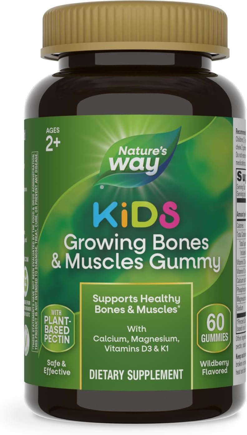 Nature'S Way Kids Growing Bones & Muscles Gummies, Supports Healthy Bones & Muscles*, Calcium, Magnesium, Vitamins D3 & K1, Ages 2+, Wildberry Flavored, 60 Gummies (Packaging May Vary)