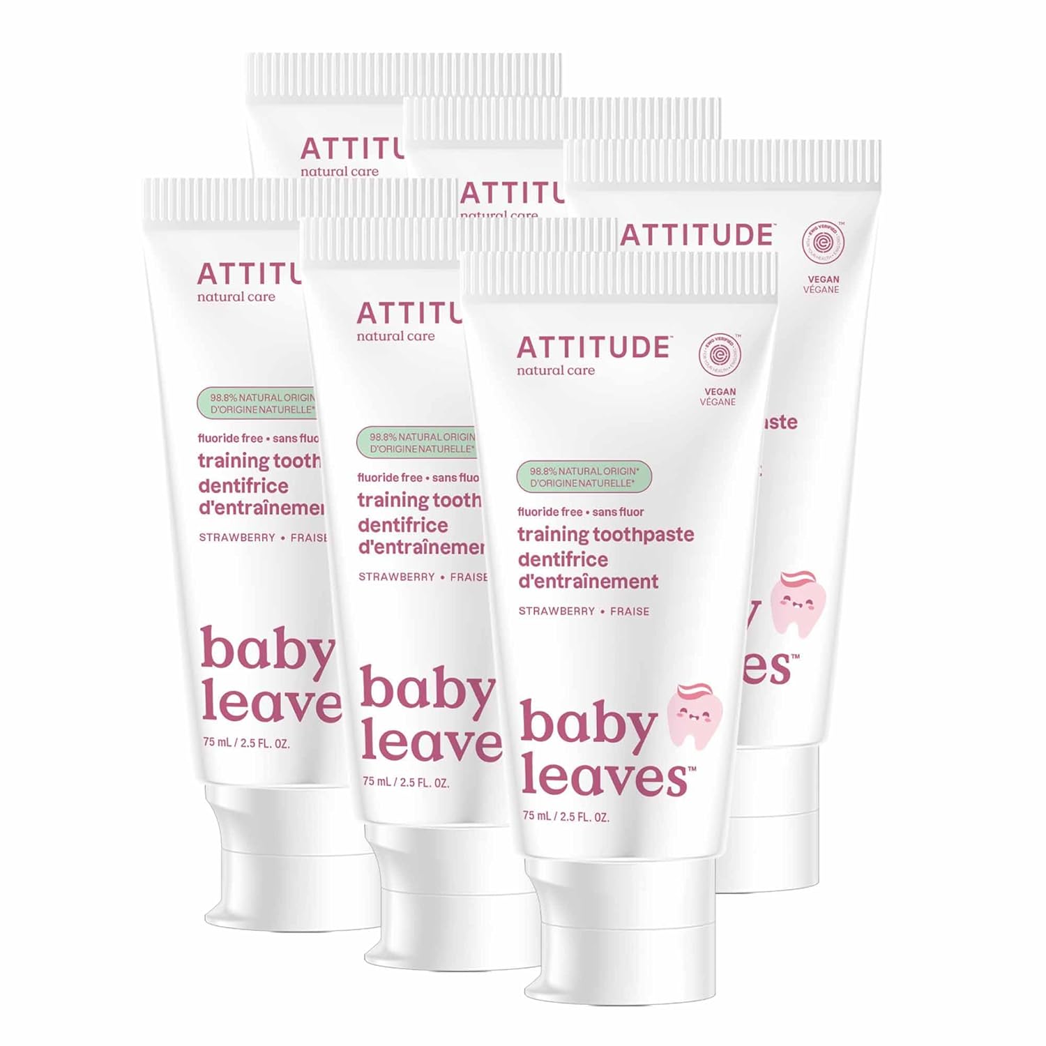 Attitude Baby & Child Fluoride-Free Training Toothpaste, Natural, Vegan, Ewg Verified, Strawberry, 2.6 Oz (Pack Of 6)