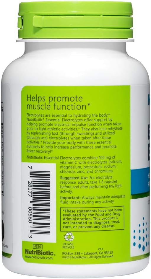 NutriBiotic Essential Electrolytes, 100 Ct Capsules | Supports Increased Performance & Faster Recovery | Pharmaceutical Grade Vitamin C with Electrolytes for Rehydration | Vegan, Gluten-Free & Non-GMO