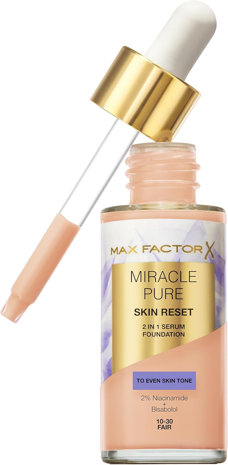 Max Factor Miracle Pure Skin Reset Serum Foundation 40-60 Light, 2-In-1 Serum Formula, Healthy Looking Skin, Medium Coverage, Satin Matte Finish, 2% Niacinamide, Dermatologically Tested