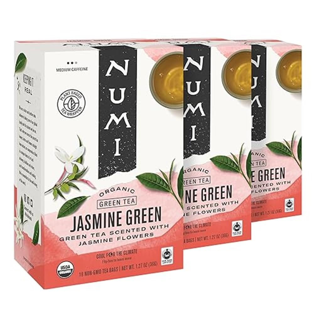 Numi Organic Jasmine Green Tea, 18 Tea Bags (Pack Of 3), Floral Green Tea, Caffeinated (Packaging May Vary)