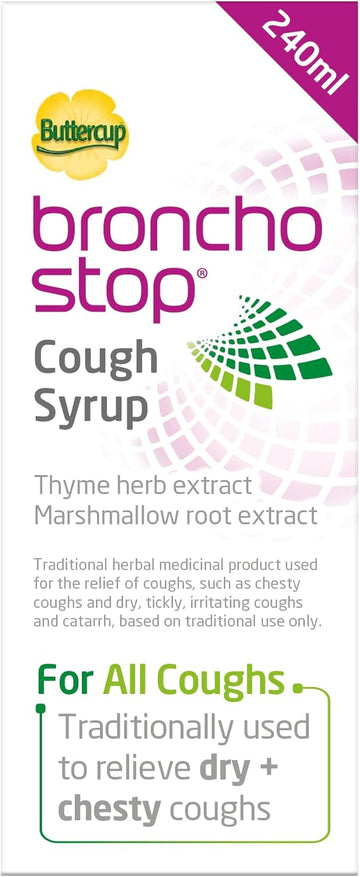 Bronchostop Cough Syrup (240Ml) - Relief For Dry Or Chesty Coughs - With Natural Thyme Herb And Marshmallow Root Extract - Non Drowsy Cough Medicine That Can Be Diluted & Undiluted - Alcohol Free