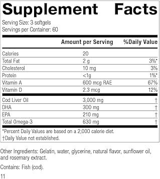 Standard Process Cod Liver Oil - Epa And Dha - Whole Food Eye Support, Skin Health, Antioxidant Supplement For Bone Health, Heart Health, Eye Health, Bone Strength - 180 Softgels