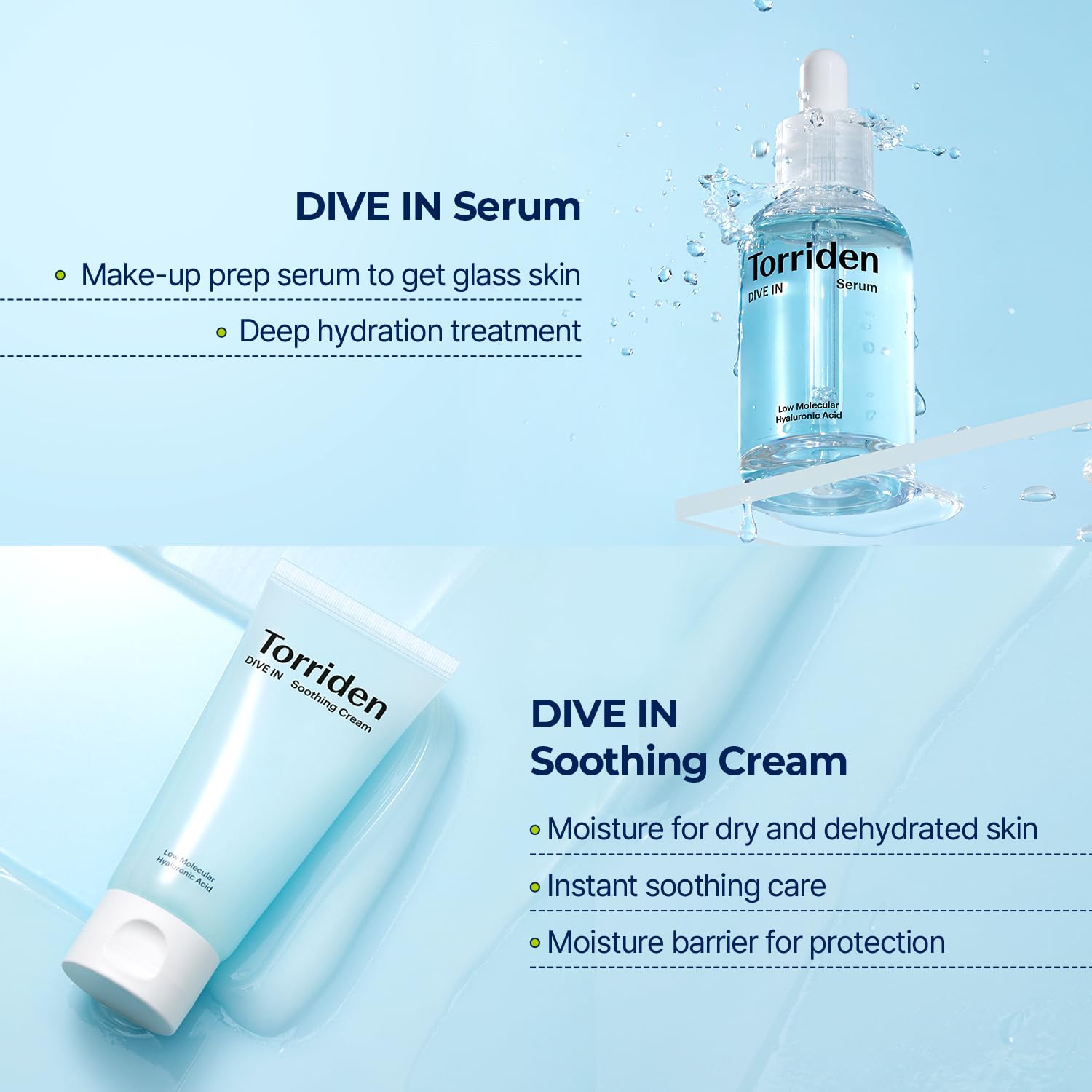 Torriden DIVE IN Serum 1.69 fl.oz. + Soothing Cream (Tube) 3.38 fl.oz. | Hyaluronic Acid Care Set | Deep Hydrating Skin Care to Get Glass Skin : Beauty & Personal Care