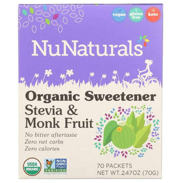 Nunaturals Organic Sweetener Stevia & Monk Fruit, Sugar-Free Plant-Based Sugar Substitute, 70 Count