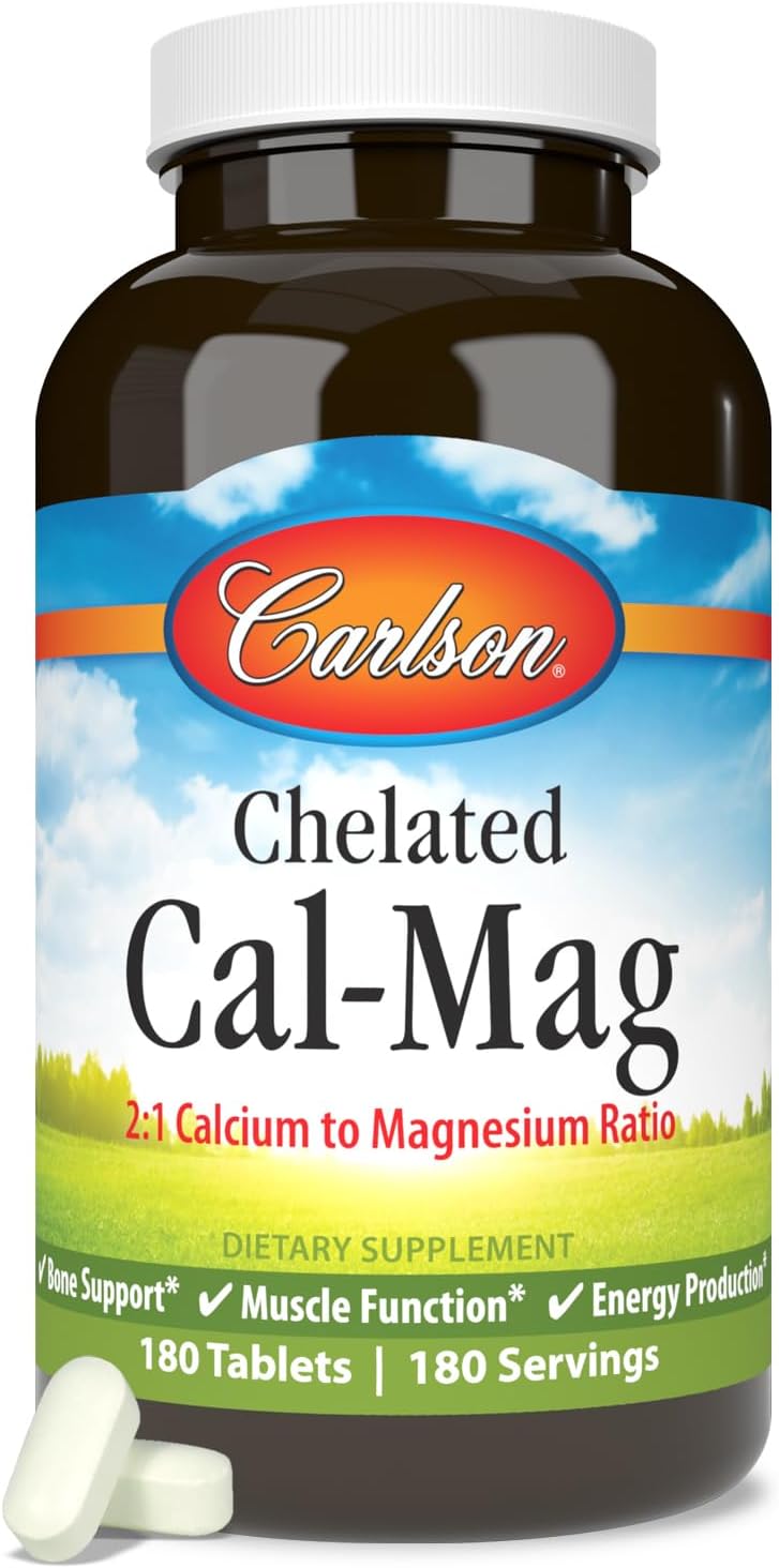Carlson - Chelated Cal-Mag, 2:1 Calcium to Magnesium Ratio, Bone Support, Muscle Function & Energy Production, 180 Tablets : Health & Household