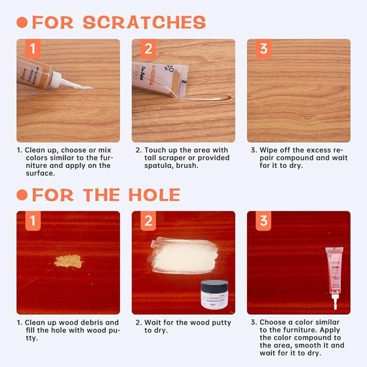 Wood Floor and Furniture Repair Kit Wood Filler Scratch Repair for Hardwood Laminate Floor Furniture Touch Up Kit, Restore Any Wood, Oak, Cherry, Walnut, 18 Colors with Putty, Gray Brown White Black