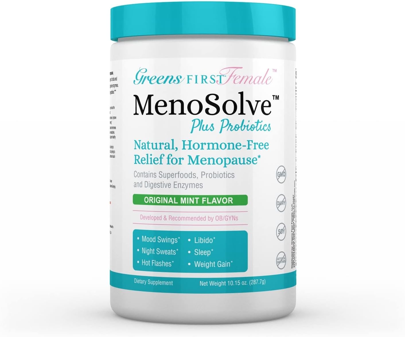 Greens First Menosolve Plus Probiotics Powder - Natural Relief For Menopause Symptoms - Non-Gmo/Dairy-Free/Soy-Free - With Red Clover Flower, Magnesium & Moringa Leaf (30 Servings) : Health & Household