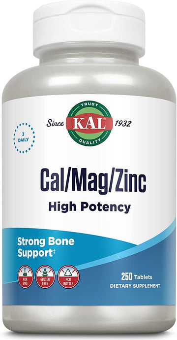 Kal Cal/Mag/Zinc | 1000Mg Calcium, 400Mg Magnesium & 15Mg Zinc | Bone, Muscle, Heart & Immune Support | 250Ct, 83 Serv