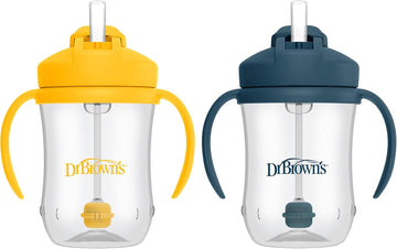 Dr. Brown’S Milestones Baby’S First Straw Cup, Training Cup With Weighted Straw, Dark Blue & Vintage Yellow, 2 Pack, 6M+