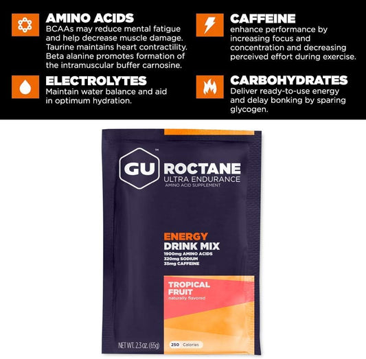 Gu Energy Roctane Ultra Endurance Energy Drink Mix, Vegan, Gluten-Free, Kosher, 35Mg Of Caffeine, And Dairy-Free N-The-Go Energy For Any Workout, 10 Single-Serving Packets, Tropical Fruit