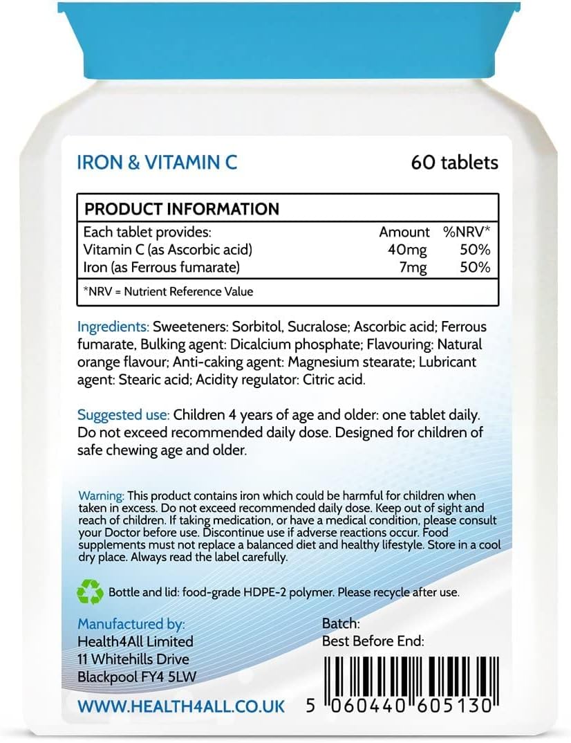 Health4All Kids Iron Chewable 120 Tablets Learning and Growth Support. Vegan Iron Supplement for Children. : Amazon.co.uk: Health & Personal Care