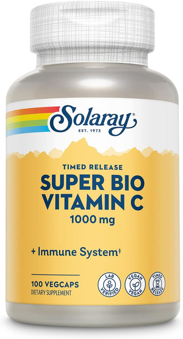 Solaray Super Bio Buffered Vitamin C 1000Mg, Two-Stage, Timed Release Vitamin C With Bioflavonoids, Immune Support Supplement - High Absorption, Vegan, 60 Day Guarantee, 50 Servings, 100 Vegcaps
