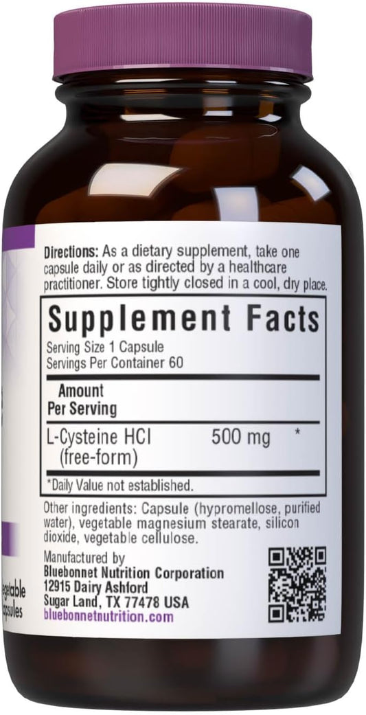 Bluebonnet Nutrition L-Cysteine 500Mg, Free-Form Amino Acid, Promotes Healthy Skin, Hair And Nails, Soy-Free, Gluten-Free, Non-Gmo, Kosher Certified, Vegan, White, 60 Vegetable Capsules