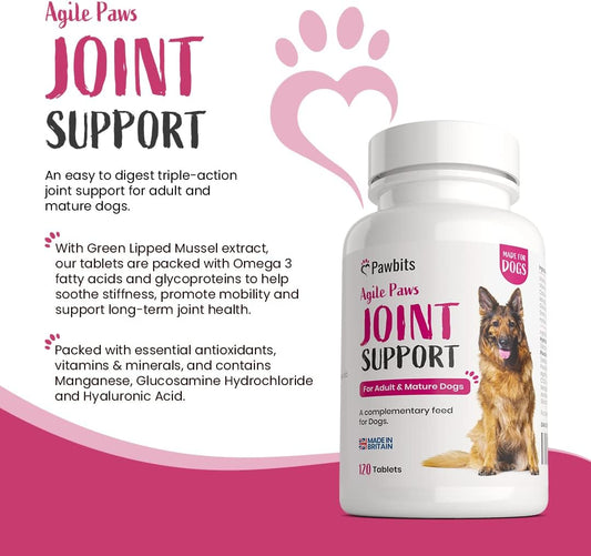 Pawbits 120 Adult Senior Dog Hip & Joint Supplements for Older Mature Dogs. High Strength Green Lipped Mussel Supplement for Elderly Dogs with Stiff Joints - Glucosamine, Vitamin C & E