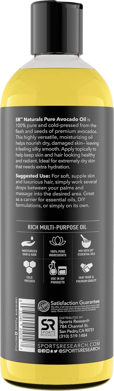 Sports Research Pure Avocado Oil for Hair, Skin, Aromatherapy, Massage & More ~ 100% Natural and Non-GMO Project Verified (16oz)