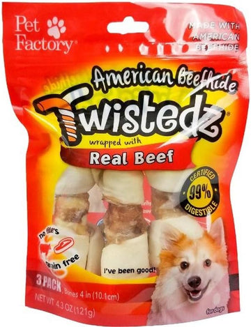 Pet Factory Twistedz American Beefhide 4-5" Knotted Bones Dog Chew Treats W/ Real Beef Meat Wrap - 3 Count/1 Pack