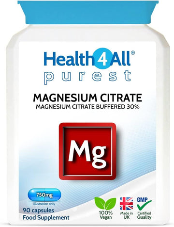 Health4All Magnesium Citrate 750Mg Per Capsule 90 Capsules, High Strength 225Mg Elemental Magnesium, Easily Absorbable, Highly Bioavailable, Purest: No Additives, Vegan Supplement | Made In Uk