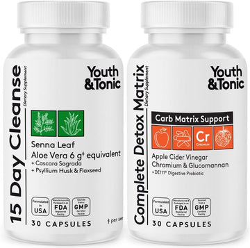 Youth & Tonic 15 Day Cleanse & Carb Matrix Support For Bloating, Gut & Metabolism Health, Break The Plateau, Feel Lighter & Energized, Colon Cleanser & Detox With Acv, Glucomannan, Chromium, 60 Pills