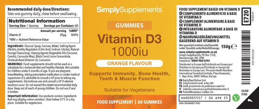 Vitamin D Gummies | 25mcg / 1000iu of Vitamin D3 | One a Day Supplement | Orange Flavour | 60 Gummies