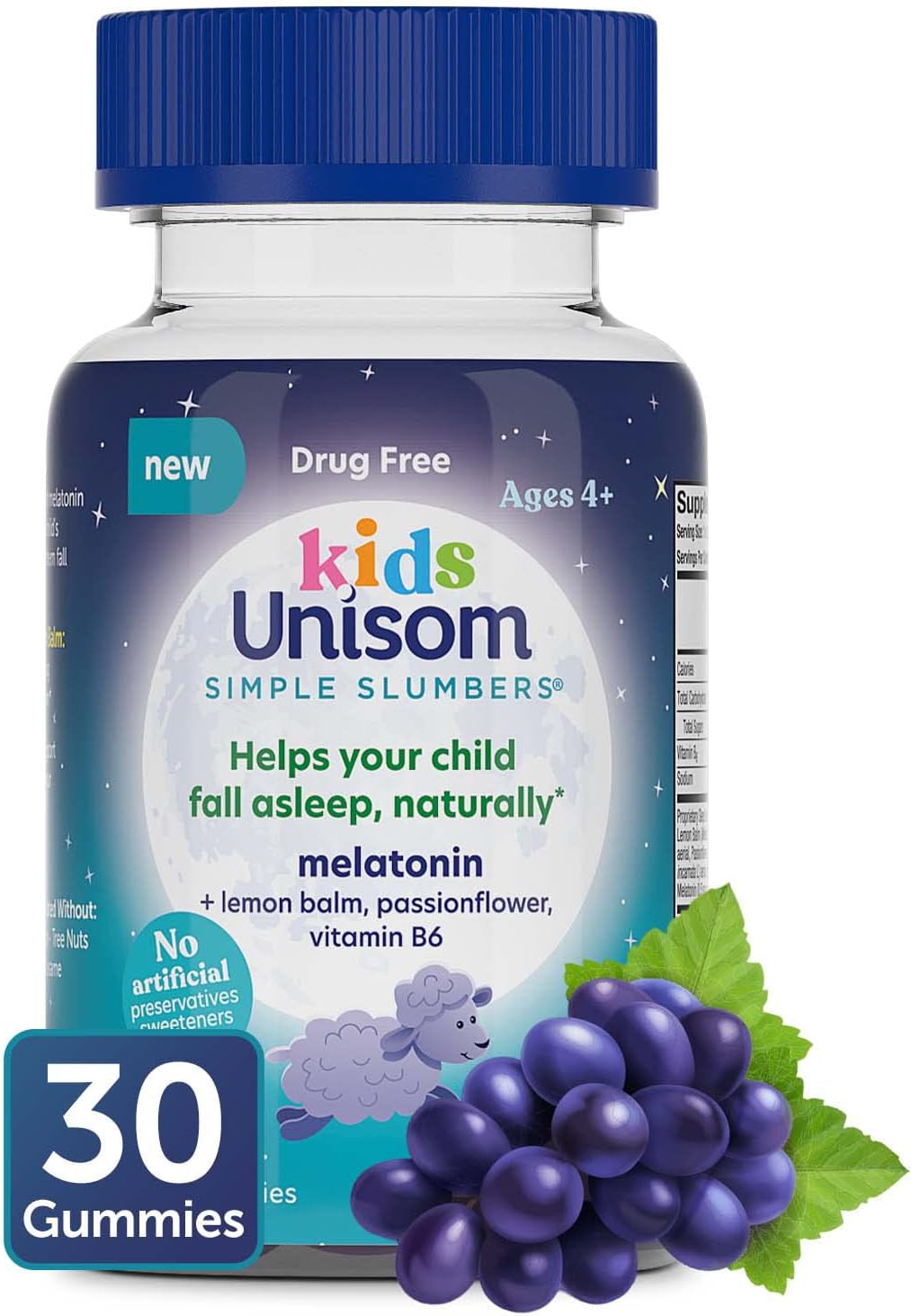 Unisom Simple Slumbers Kids Drug-Free Sleep Aid Gummies 30-Count, Melatonin 0.5Mg, Grape