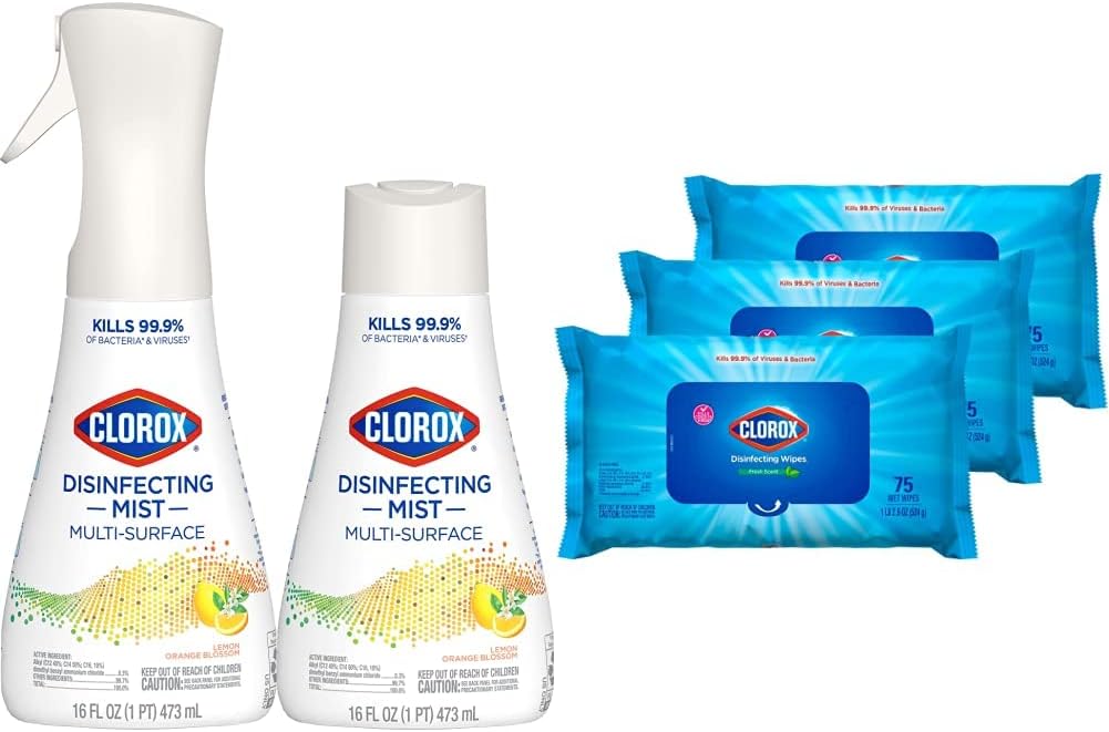 Clorox Cleaning Bundle Disinfecting Mist Lemon & Orange Blossom Scent (1 Spray Bottle & 1 Refill, 16 Fl Oz Each) Disinfecting Wipes, Moisture Seal Lid Fresh Scent (3-Pack, 75Ct Each)