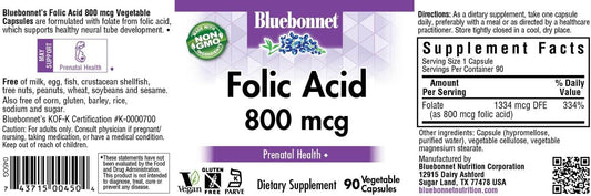 Bluebonnet Nutrition Folic Acid 800Mcg, Healthy Neurological Development*, Soy-Free, Gluten-Free, Non-Gmo, Kosher Certified, Dairy-Free, Vegan, 90 Vegetable Capsules
