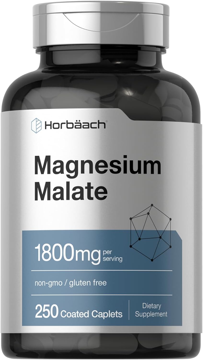 Horbäach Magnesium Malate 1800mg | 250 Coated Caplets | Vegetarian, Non-GMO, Gluten Free Supplement