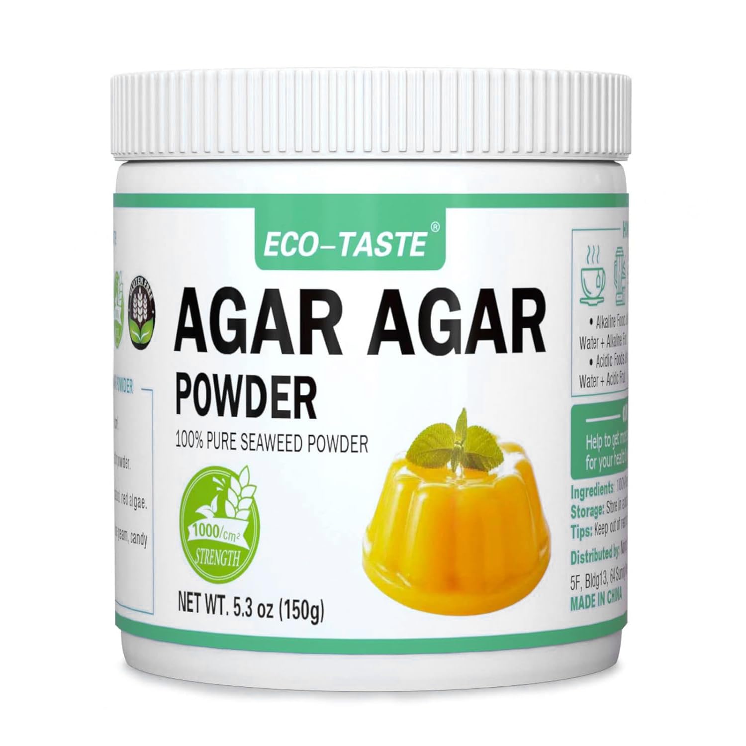 Agar Agar Powder 1000 Strength, 100% Natural Seaweed, Vegan Gelatin Substitute, Gluten-Free, Non-Gmo, Planted-Based, Unflavored, 5.3 Oz (150G)