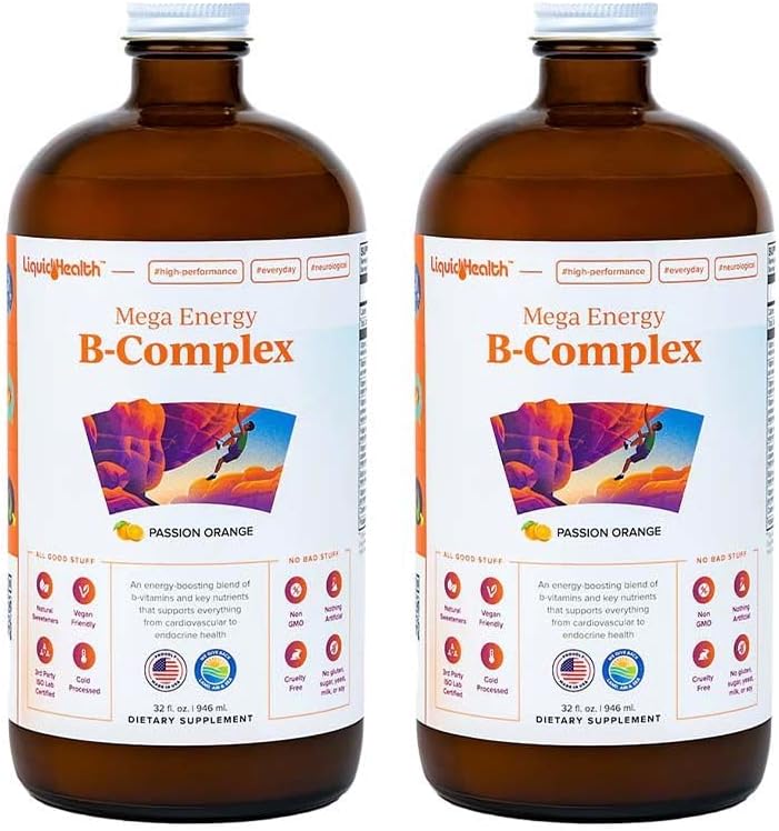 Liquidhealth Mega Energy Methylated B-Complex, Adult Liquid Vitamin Supplement - Increase Energy, Relieve Stress & Fatigue, Immune System Support, Heart & Gut Health - Vegan, Sugar-Free (2 Pack)