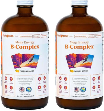 Liquidhealth Mega Energy Methylated B-Complex, Adult Liquid Vitamin Supplement - Increase Energy, Relieve Stress & Fatigue, Immune System Support, Heart & Gut Health - Vegan, Sugar-Free (2 Pack)