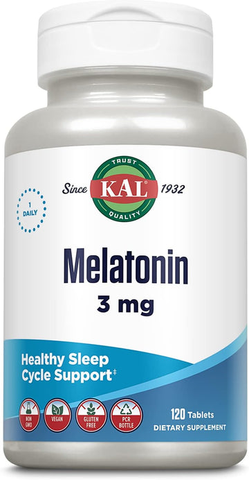 KAL Melatonin 3mg Sleep Aid, Fast Dissolve Melatonin Tablets, Calming Relaxation and Healthy Sleep Cycle Support, with Added Vitamin B6, Vegan, Gluten Free, Non-GMO, 120 Servings, 120 ActivTabs