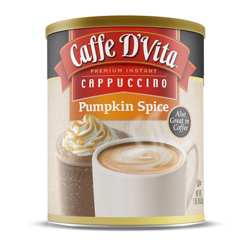 Caffe D’Vita Pumpkin Spice Cappuccino Mix - Pumpkin Spice Latte Mix, Gluten Free, No Cholesterol, No Hydrogenated Oils, No Trans Fat, 99% Caffeine Free, Pumpkin Spice Instant Coffee - 1 Lb Can, 6-Pack