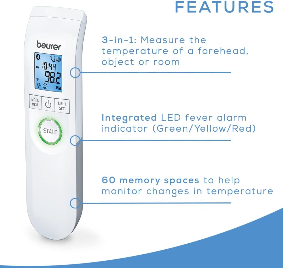 Beurer Bluetooth Non-Contact Thermometer, Forehead, Object, Room Temperature, High Accuracy, XL Blue Illuminated Display, 60 Memory Spaces, White,1 Count (Pack of 1),FT95 : Baby