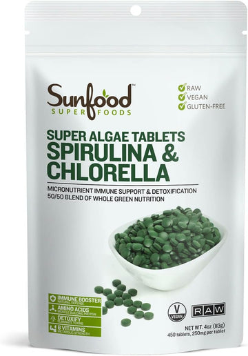 Sunfood Premium Spirulina Chlorella Tablets | 456 Tablets, 4oz Bag | 50/50 Blend | Broken Cell Wall, Rich in Natural Vegan Protein & Chlorophyll