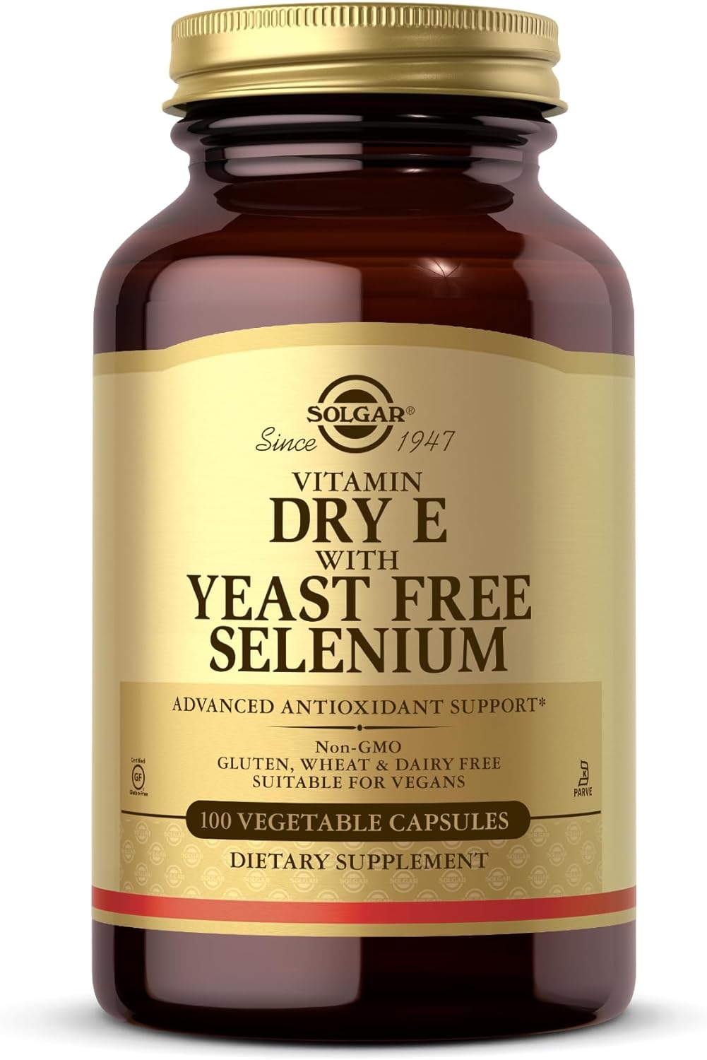 SOLGAR Dry Vitamin E with Yeast-Free Selenium - 100 Vegetable Capsules - Advanced Antioxidant Support - Non-GMO, Vegan, Gluten Free, Dairy Free, Kosher - 50 Servings