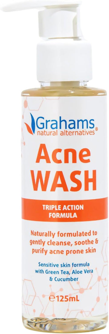Grahams Natural Acne Face Wash - Soothing & Natural Face Wash For Acne Prone Skin - Fragrance Free Acne Spot Treatment With Aloe Vera, Cucumber & Green Tea Extract - For Sensitive Skin (125Ml)