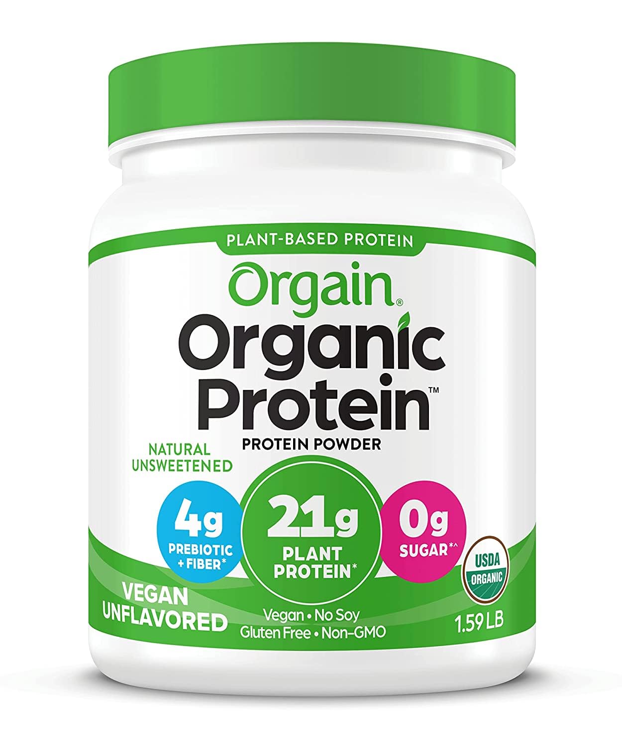 Orgain Organic Vegan Protein Powder, Natural Unsweetened - 21G Of Plant Protein, 4G Prebiotic Fiber, Low Net Carbs, No Lactose Ingredients, No Added Sugar, Non-Gmo, For Shakes & Smoothies, 1.59 Lb