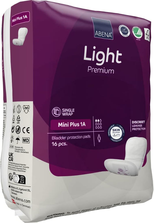 Abena Light Incontinence Pads, Eco-Labelled Women's Incontinence Pads Adults, Breathable & Comfortable with Fast Absorption & Protection, Incontinence Pads Women, Mini Plus 1A, 200ml 16PK