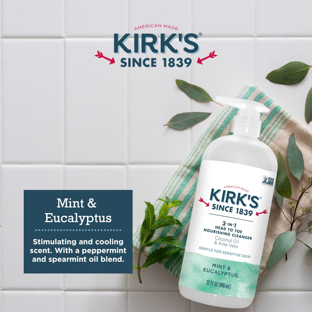 Kirk'S 3-In-1 Head To Toe Nourishing Liquid Cleanser & Travel Size Bar Soap - For Men, Women & Children - Premium Coconut Oil & Aloe Vera- Non Gmo & Vegan -Mint & Eucalyptus - 32 Fl Oz : Beauty & Personal Care