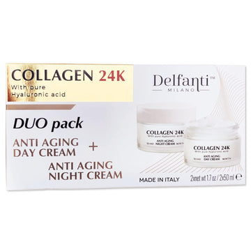 Delfanti • Collagen 24K • Anti-Aging Duo Pack • Day Cream Jar Plus Night Cream Jar• Face, Neck And Décolleté Moisturizers With Pure Hyaluronic Acid • Made In Italy