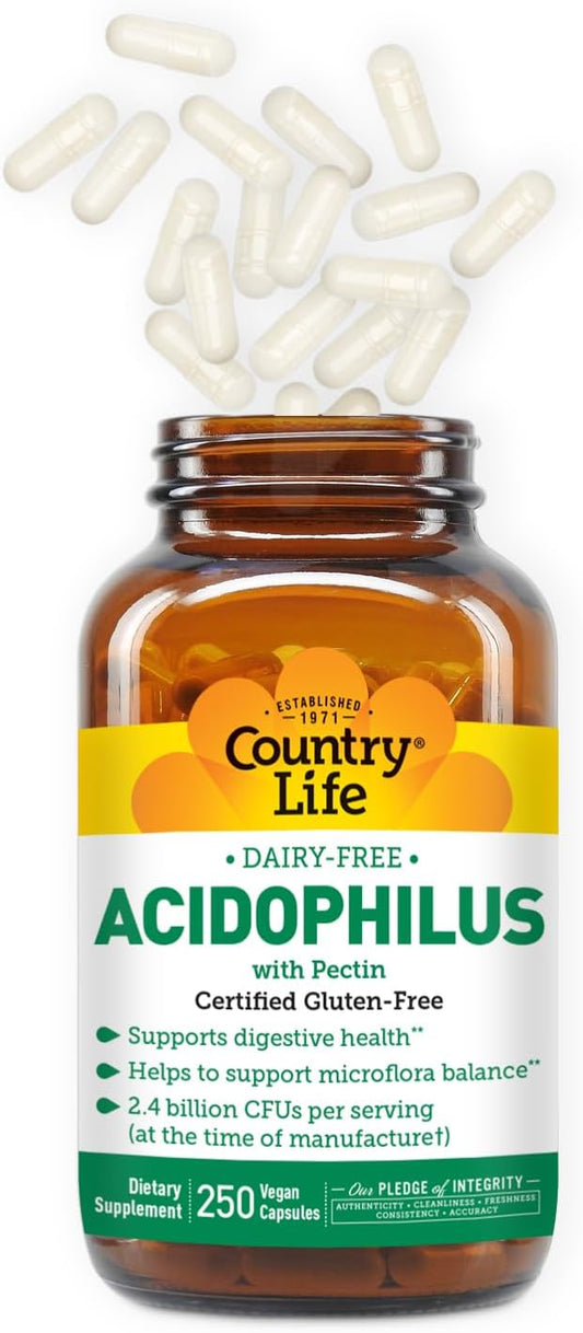 Country Life Acidophilus Probiotic Supplement For Women & Men - Free From Common Allergens - 2.4 Billion Cfus To Support Digestive Health - Dairy-Free, Non-Gmo, 250 Vegan Capsules