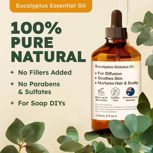 Kukka Eucalyptus Essential Oil For Diffuser 100% Pure Natural Essential Oils Eucalyptus Oil For Skin Humidifier Sinus & Aromatherapy Hair Soap Making Scent (4 Fl Oz)