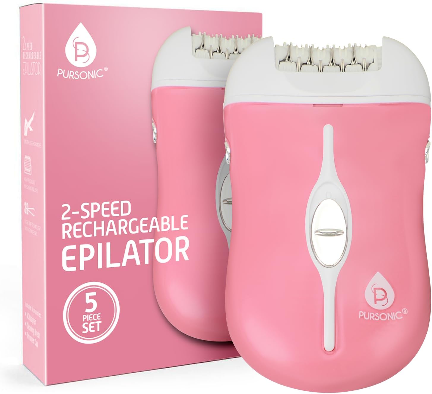 Pursonic Fe120P Cordless Epilator With 40 Tweezers - Rechargeable 2 Speed Epilators Hair Removal For Women - Compact Hair Removal Device For Arms, Legs, Underarms & Bikini Area (Pink)