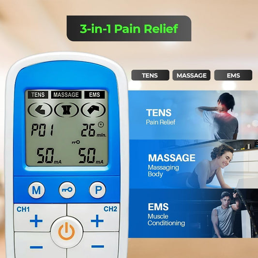 Digital Tens And Ems Machine | Drug-Free Natural Pain Relief | 3-In-1 Pain Relief, Rehabilitation And Massage | Dual Channel | 4-Self Adhesive Electrodes | Healthcare World