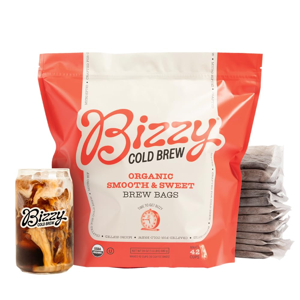 Bizzy Organic Cold Brew Coffee | Smooth & Sweet Blend | Coarse Ground Coffee | Medium Roast | Micro Sifted | Specialty Grade | 100% Arabica | Brew Bags | 12 Count | Makes 42 Cups