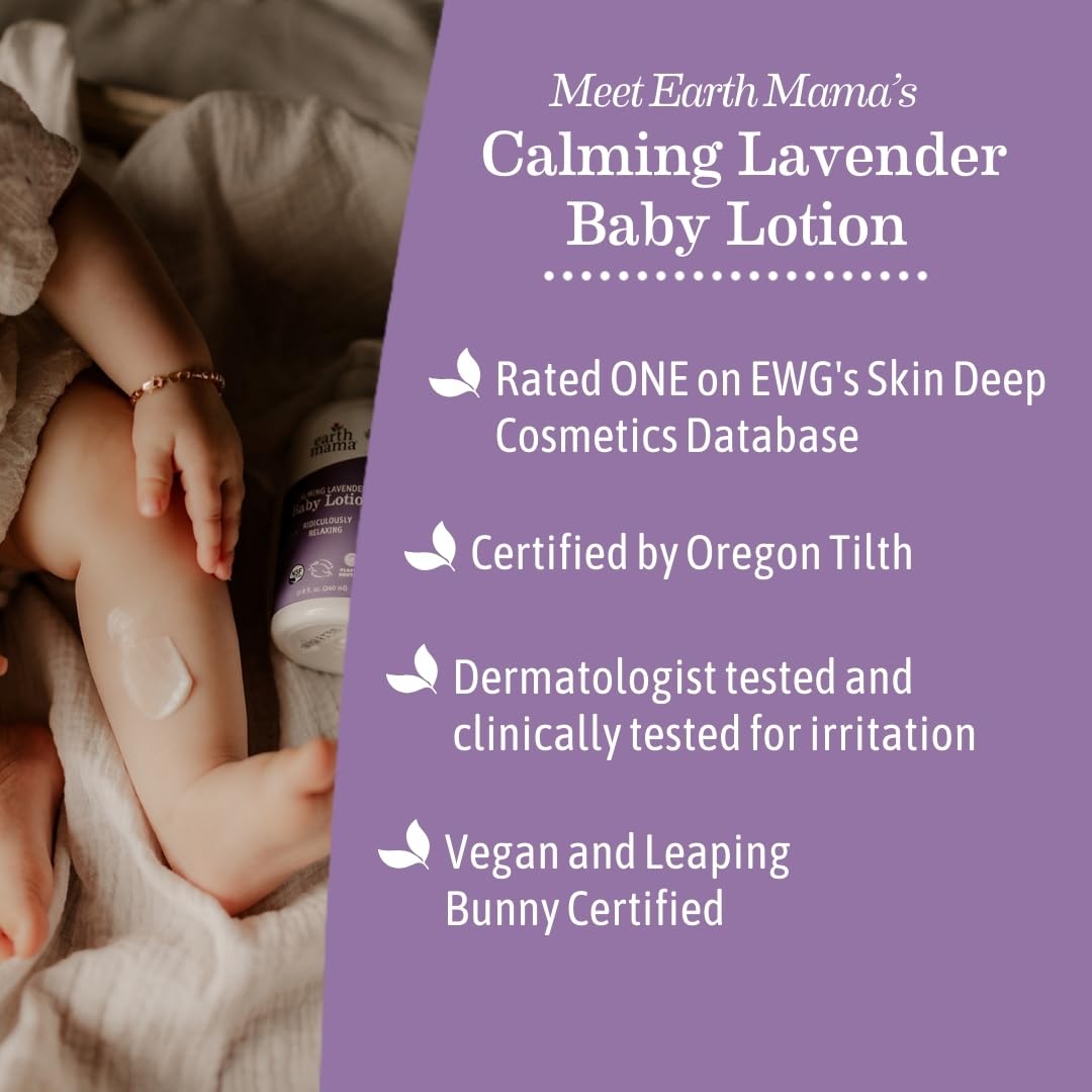 Earth Mama Calming Lavender Baby Lotion for Dry Skin, Calendula Cream for Newborn Skin Care, Organic Moisturizer for Children with Aloe Juice, Rooibos, & Shea Butter, Lavender Lotion, 8 Fl Oz : Baby