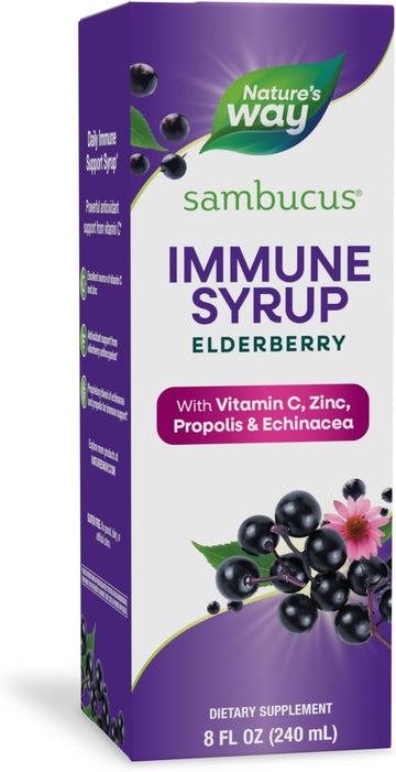 Nature'S Way Sambucus Elderberry Immune Syrup, Daily Immune Support*, Black Elderberry Extract, Vitamin C, Zinc, Echinacea, Propolis, 8 Fl Oz (Packaging May Vary)