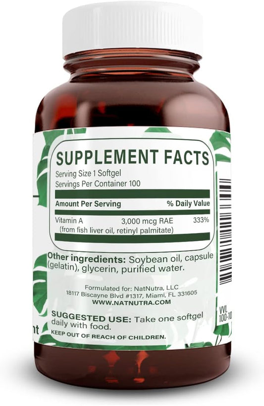 Natural Nutra Vitamin A 10,000 Iu, Dietary Supplement From Cod Liver Oil, Extra Strength For Eye, Skin, Nails Health With Omega 3, 100 Gluten Free Softgels (2 Pack)